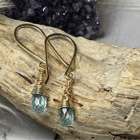 Aquamarine Quartz Crystal Earrings Artisan Designed 14k Gold Filled Wire - Picture 6 of 17